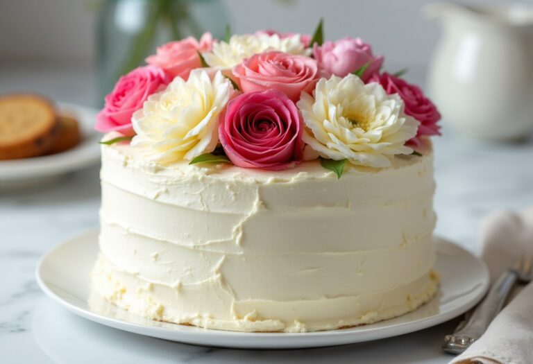 Elegant Cake with White Frosting and Flowers
