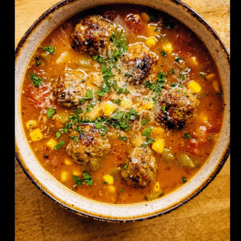 Comforting Soup with Meatballs, Corn, and Parmesan