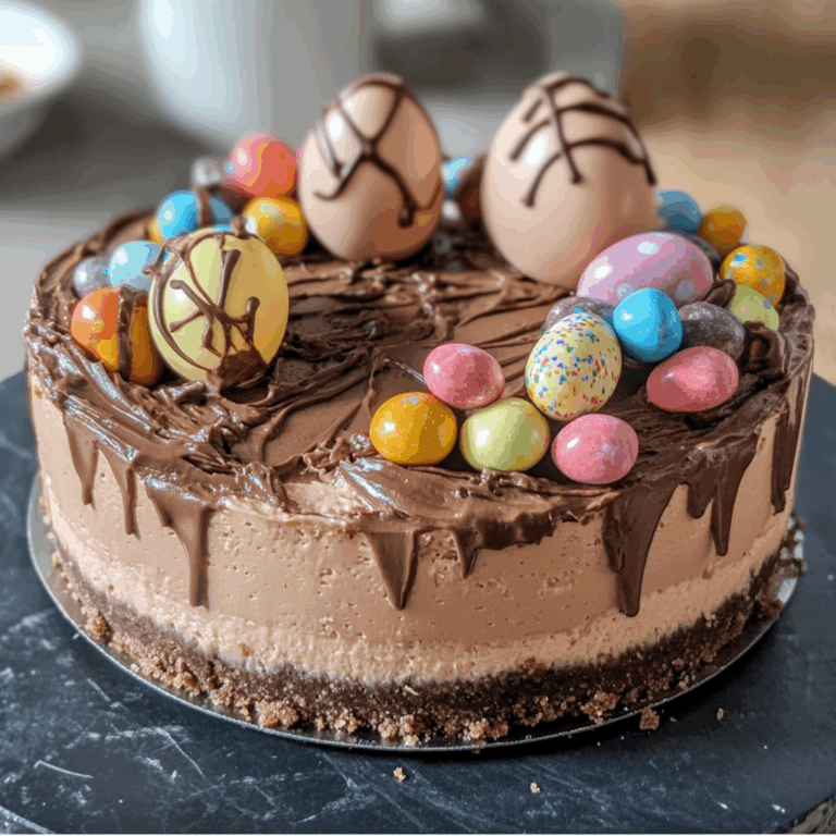 Easter Egg Cheesecake with Chocolate Frosting and Candies