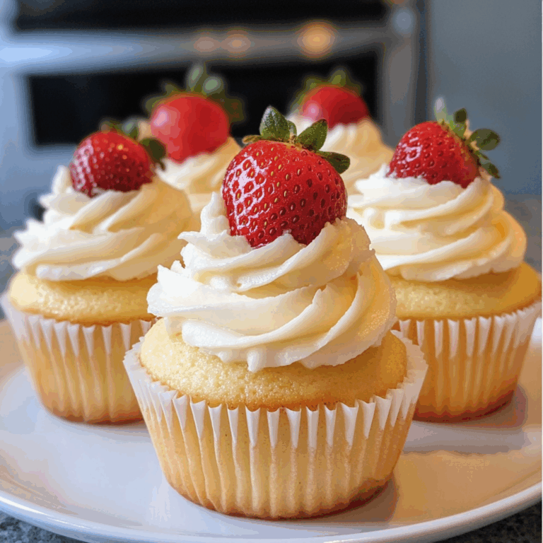 Delightful Cupcakes with White Frosting and Strawberries