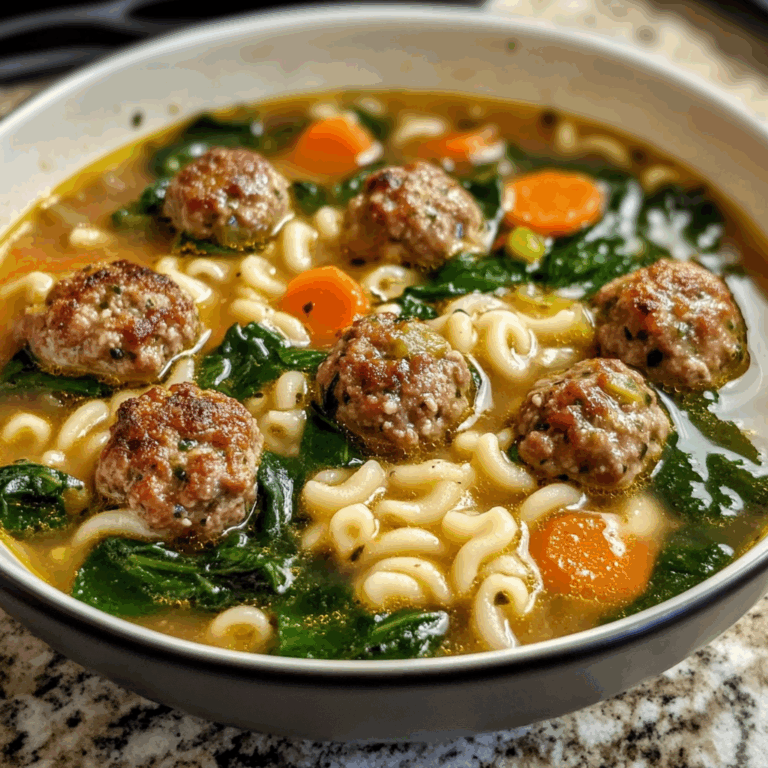 Hearty Italian Meatball Soup with Pasta and Spinach