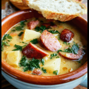 Hearty Kielbasa Potato Soup with Homemade Croutons