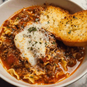 Cozy Lasagna Soup with Toasted Bread and Parmesan