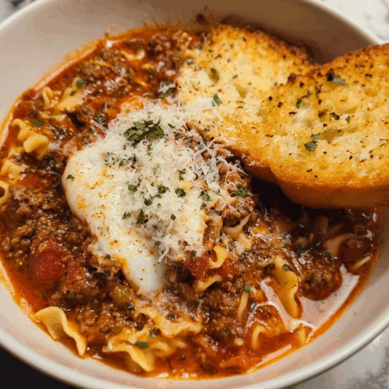 Cozy Lasagna Soup with Toasted Bread and Parmesan