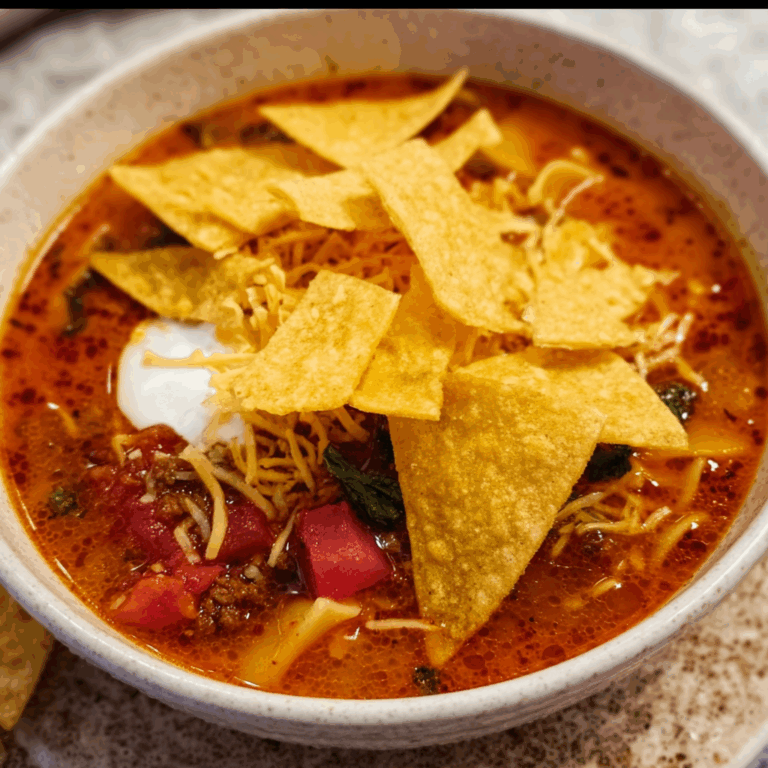 Lasagna Soup with Crispy Tortilla Chips